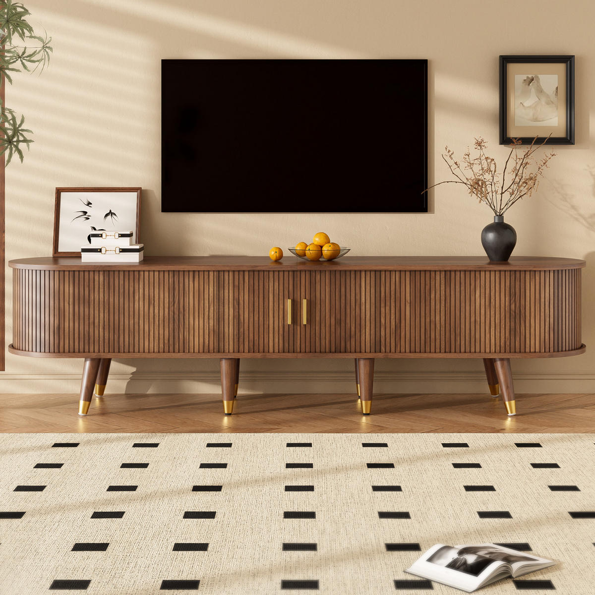 TV Lowboard 175 cm, Nussbaumoptik, Rattan-Schiebetür, Stauraum - Braun, Holz (175/45/38cm)