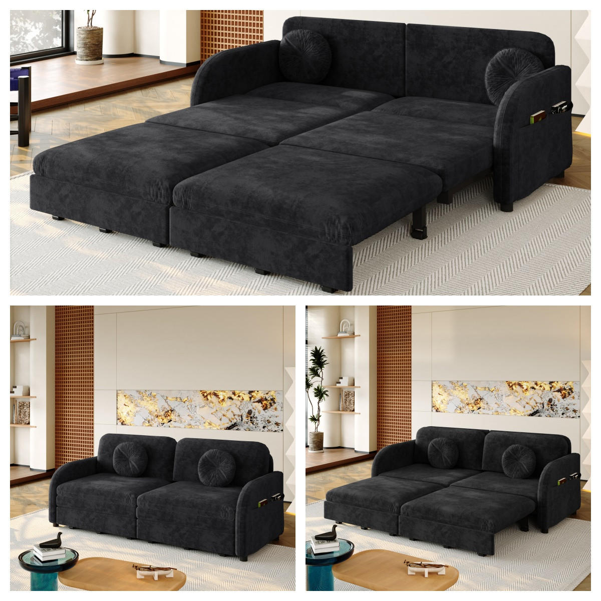 SCHLAFSOFA 166/84/90 cm Schwarz Chenille mit losen Kissen und Stautaschen an beiden Seiten - Schwarz, Textil (84/90/166cm) - Oxeza