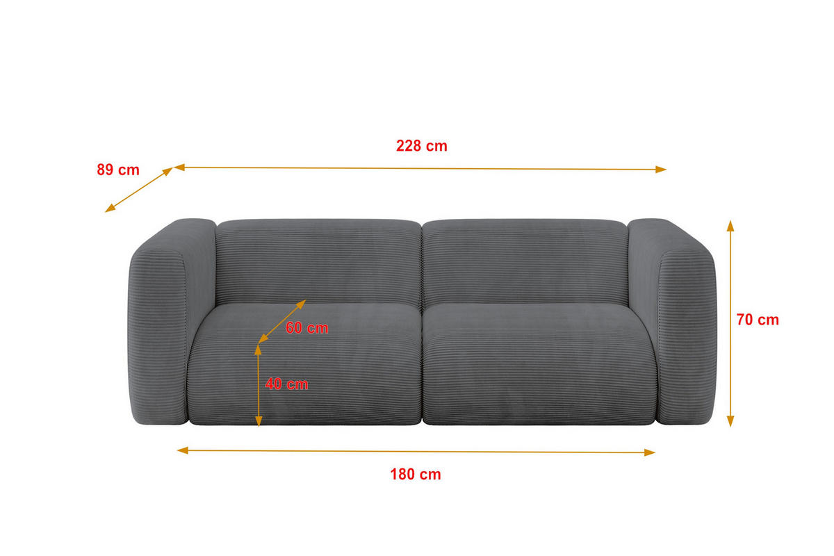 MODULARES Sofa 2-SITZER MIRA-S1 228x89x70 Dunkelgrau cm Cord - Dunkelgrau/Schwarz, Holzwerkstoff/Kunststoff (228/70/89cm) - ALTDECOR