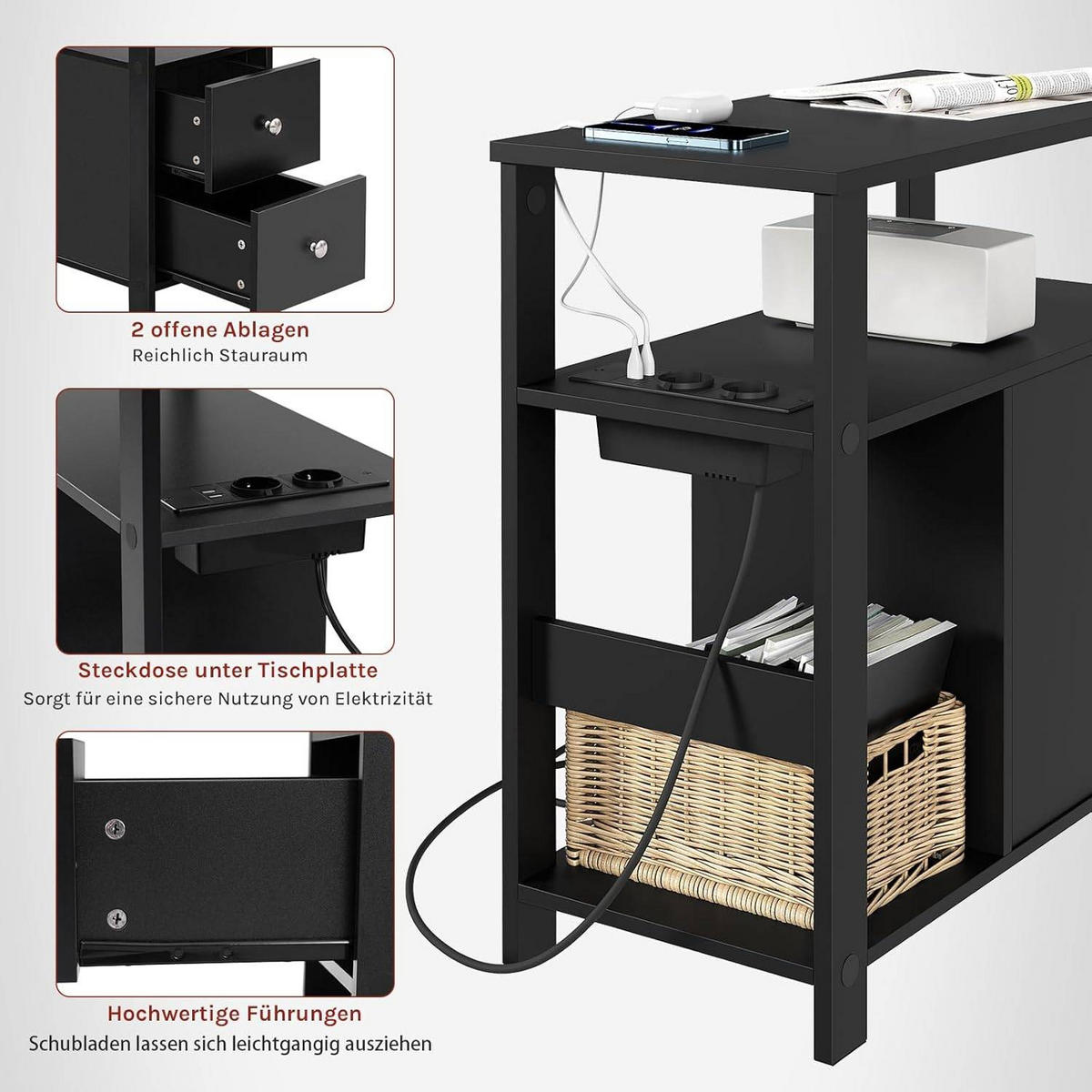 BEISTELLTISCH mit Steckdose, 60x60x30 cm - Schwarz, Holzwerkstoff (30/60/60cm) - Woltu