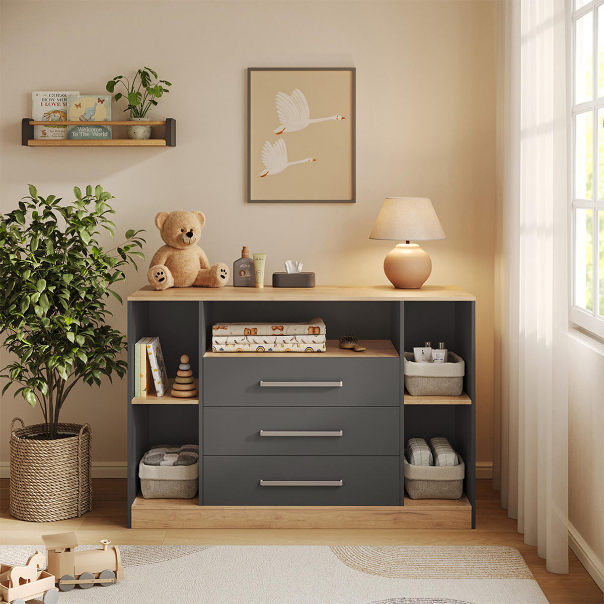 WICKELKOMMODE Olina, Anthrazit/Goldkraft Eiche, 138.3 x 93 cm - Eichefarben/Anthrazit, Holzwerkstoff (138.3/93/50cm) - Vicco