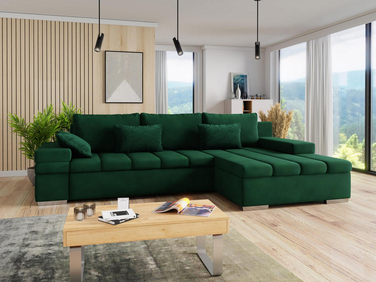 ECKSOFA Bangkok Premium, Seite: Rechts - Smaragdgrün/Silberfarben, Holz/Textil (310/175cm) - MIRJAN24