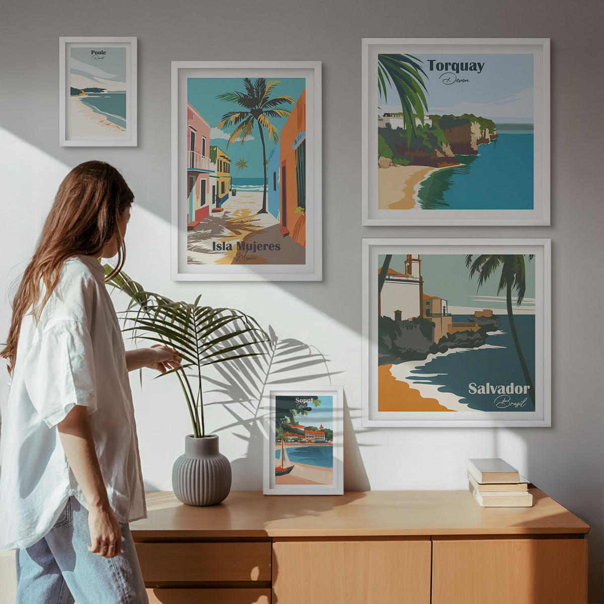 BILDER SET 5er Set - 50x50 cm & 20x30 cm & 40x60 cm Weißer Rahmen - Retro-Ansichten von Städten auf der ganzen Welt - Weiß, Kunststoff (40/60cm) - TULUP