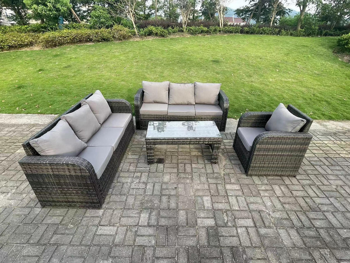 GARTENTISCHGRUPPE Polyrattan 7-Sitzer - Dunkelgrau/Grau, Glas/Kunststoff - Fimous
