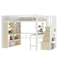 HOCHBETT 140/200 cm in Weiß mit Schreibtisch, Stauraumtreppe und LED-Beleuchtung - Weiß, Metall (140/200cm) - Flora Grace
