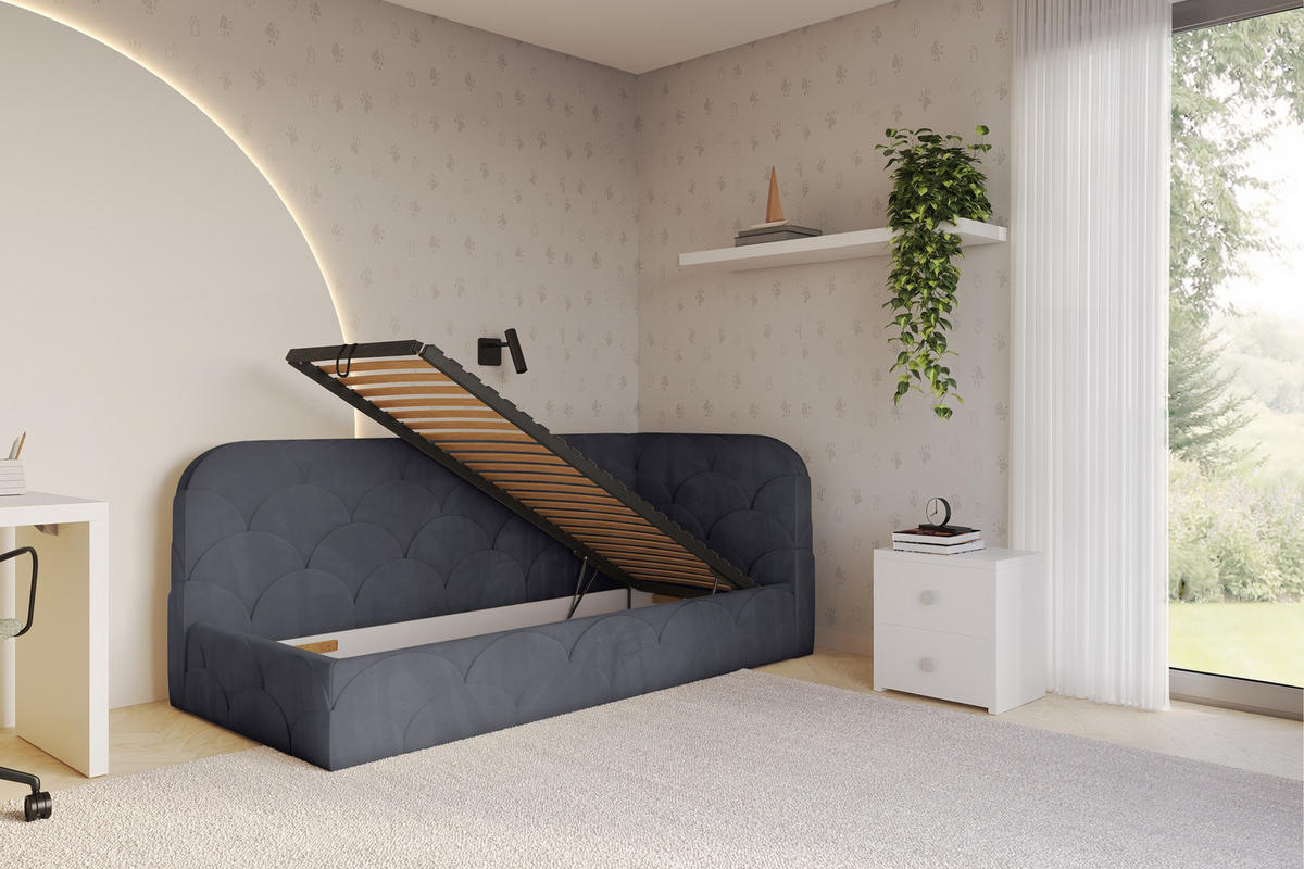 EINZELLBETT Jugendbett mit Bettkasten und Matratze H3/H4, Links - ELRY 90x200 Dunkelgrau - Dunkelgrau, Holzwerkstoff/Textil (90/200cm) - ALTDECOR