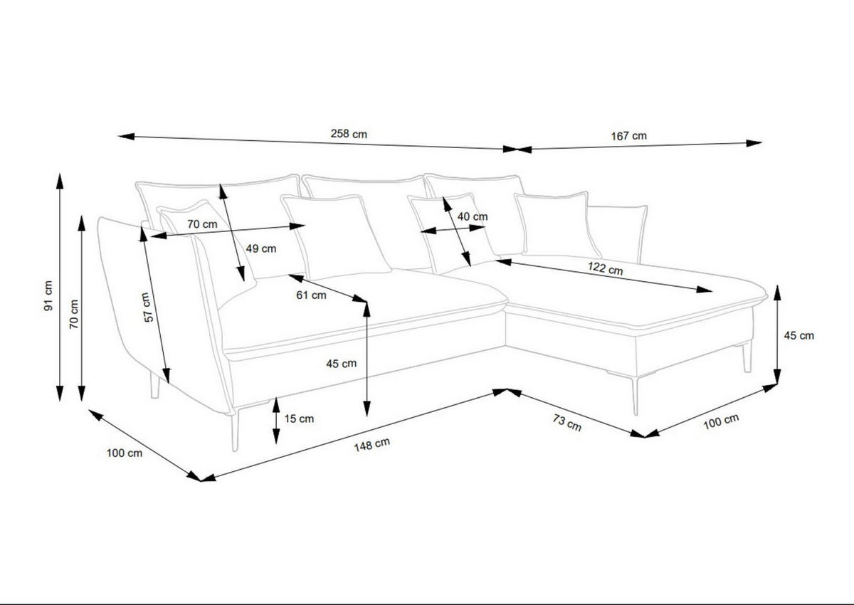 ECKSOFA Rossa Türkis, mit Schlaffunktion und Kissen Rechts - Türkis, Holzwerkstoff (258/167cm) - Bettso