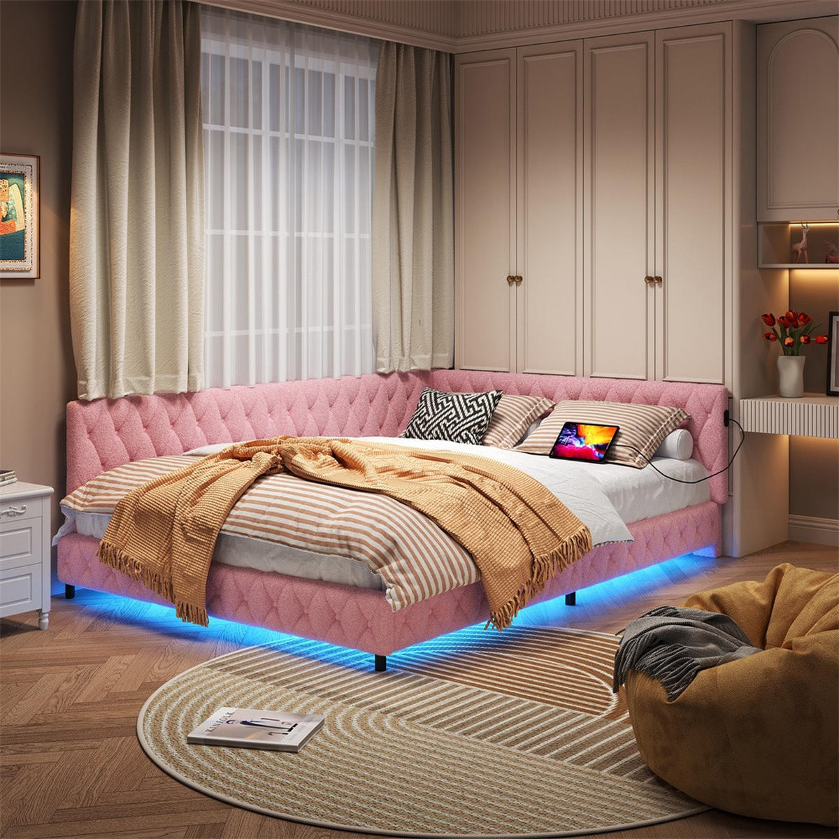 POLSTERBETT 140x200 cm - Doppelbett mit LED-Bettumrandung und USB-Ladefunktion - ohne Matratze - Rosa - Pink, Textil (140/200cm) - DELFA