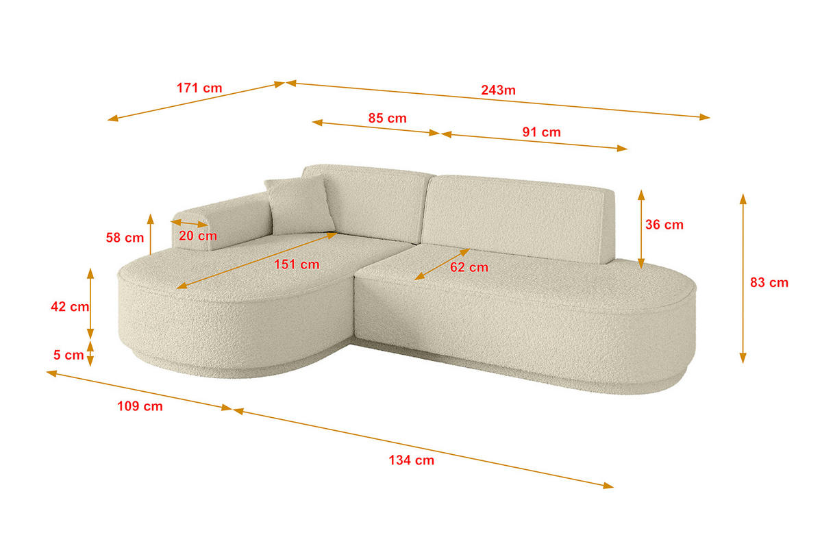 ECKSOFA Ottomane Links MARI-L1-v3 - 243x171x83 cm Beige Bouclé - Beige/Schwarz, Holzwerkstoff/Kunststoff (243/171cm) - ALTDECOR