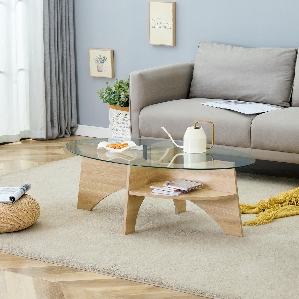COUCHTISCH 104,9/60 cm mit Ablagefach, Sicherheitsglas und ovalem Design, Transparent/Holzfarben - Transparent, Glas (104.9/60/45cm) - Modfu
