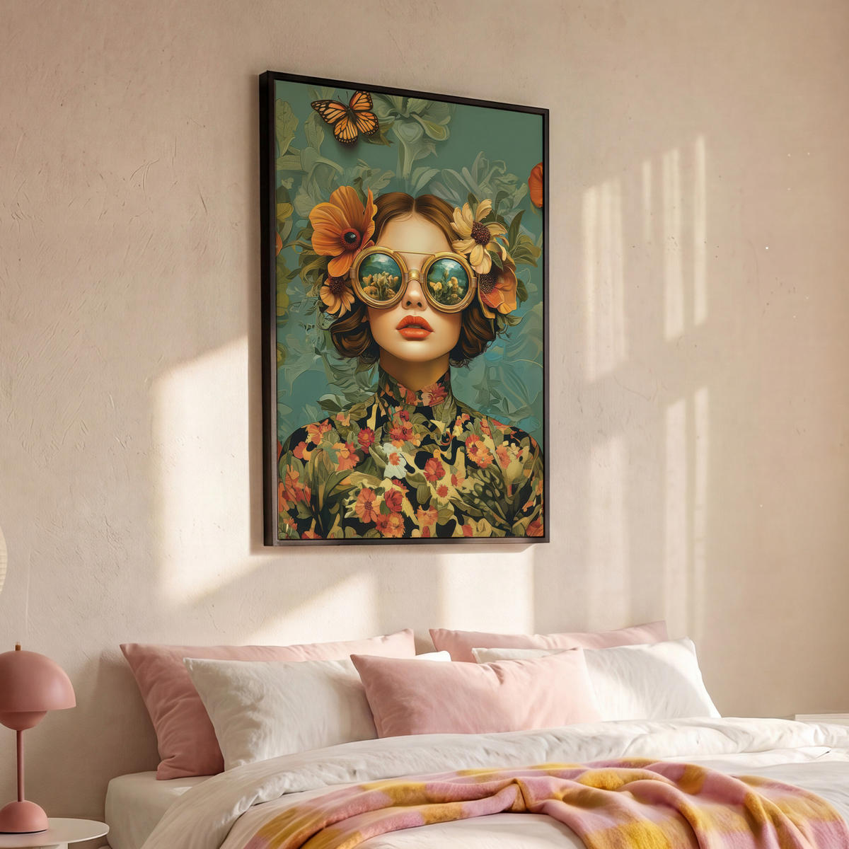 LEINWAND Bilder mit Rahmen - Frau - Blumen - Schmetterlinge - Natur - Vintage - 100x150 - Salbeigrün, Textil (100/150cm) - MuchoWow