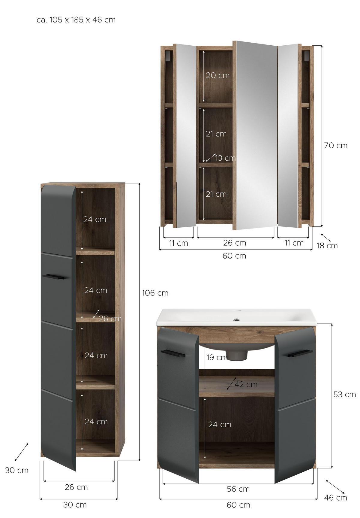 BADEZIMMER Alba 4-tlg. (B/H/T: ca. 105/185/46 cm) in Nox Oak /schwarz matt - Eichefarben, Holz (105/185/46cm)