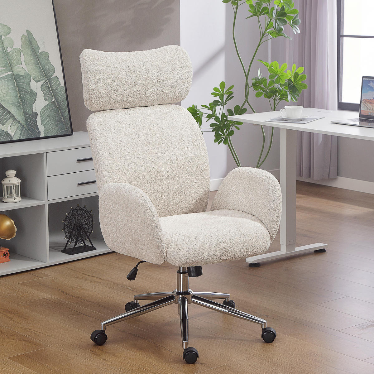 SCHREIBTISCHSTUHL Höhenverstellbar Homeoffice Stuhl mit Armlehne, Grauweiß - Silberfarben/Hellgrau, Textil/Metall (65/123/75cm) - HOMCOM