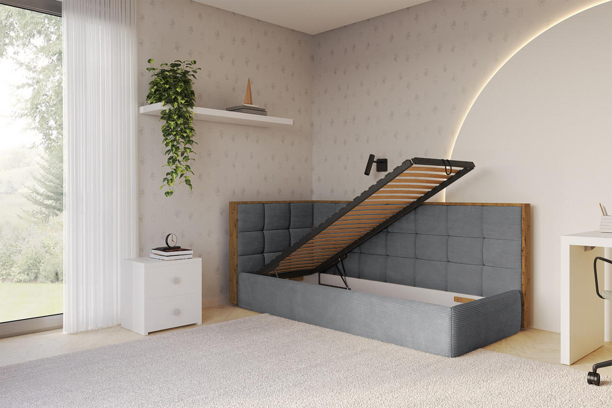 EINZELLBETT Jugendbett mit Bettkasten, Rechts - SOVY 100x200 Dunkelgrau - Schieferfarben, Holzwerkstoff/Textil (100/200cm) - ALTDECOR