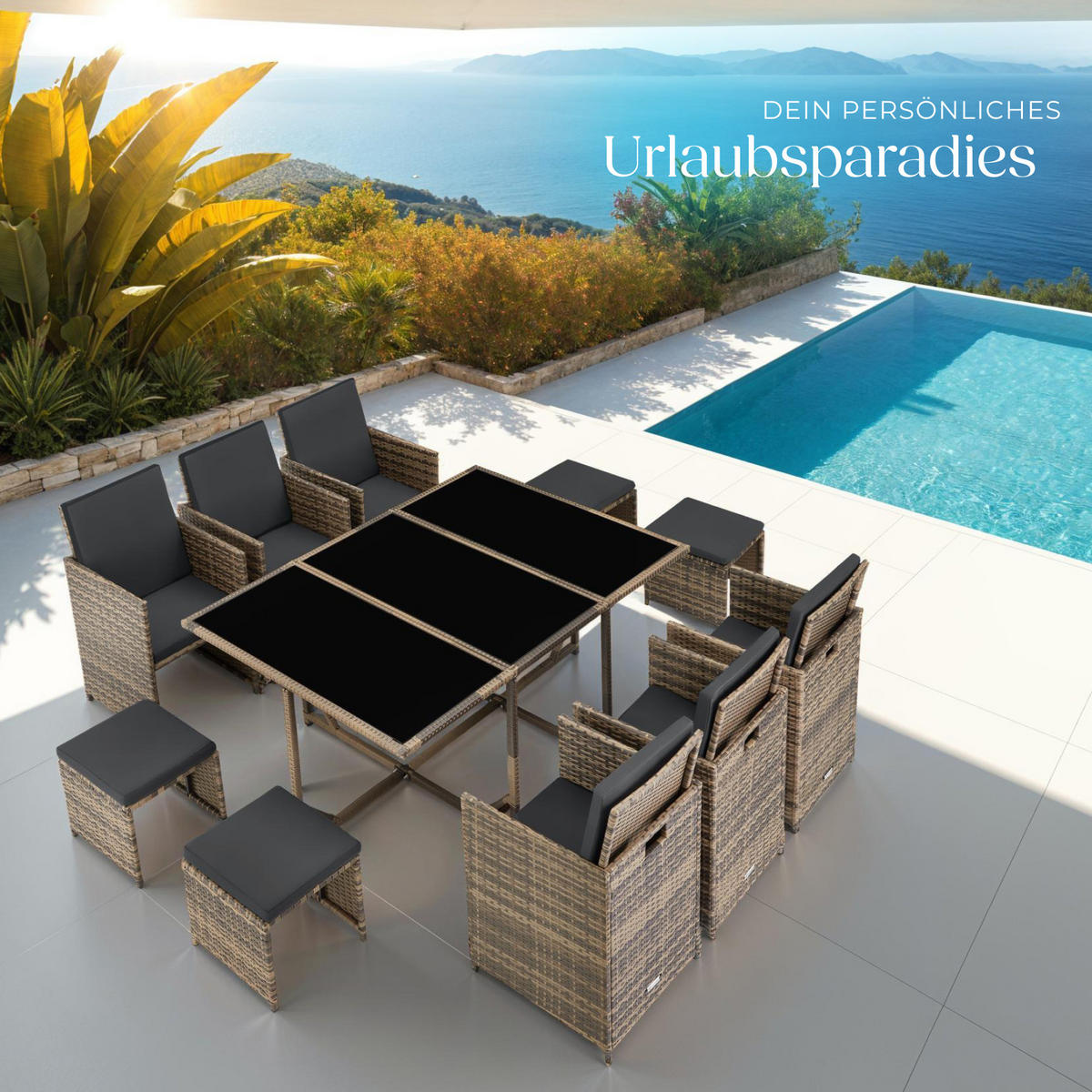 RATTAN SITZGRUPPE Malaga,zusammenschiebbar, inklusive Schutzhülle,natur - Naturfarben, Kunststoff - tectake