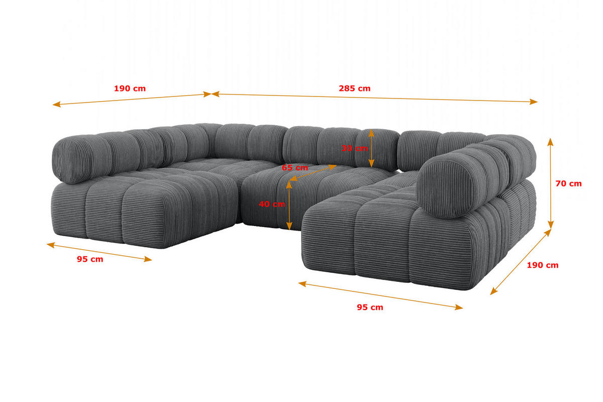 WOHNLANDSCHAFT modulares Sofa Garvo-U1 - 285x190x70 cm Dunkelgrau Cord - Dunkelgrau, Holzwerkstoff/Textil (285/70/190cm) - ALTDECOR
