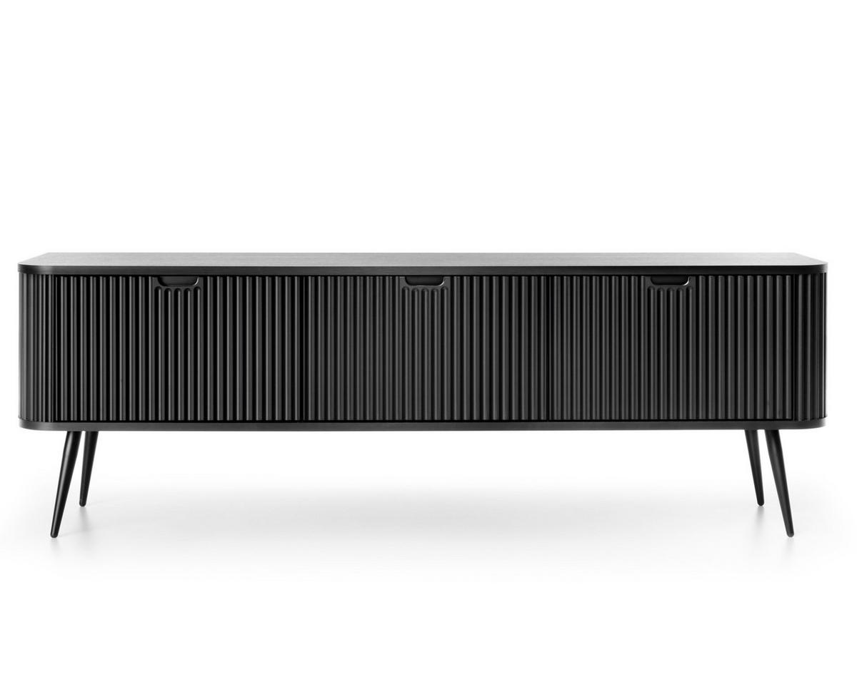LOWBOARD Salvia 3T Schwarz 168/56/39 cm – mit geriffelten Fronten und hohen Beinen - Schwarz, Holzwerkstoff/Metall (168/56/39cm) - AX Living