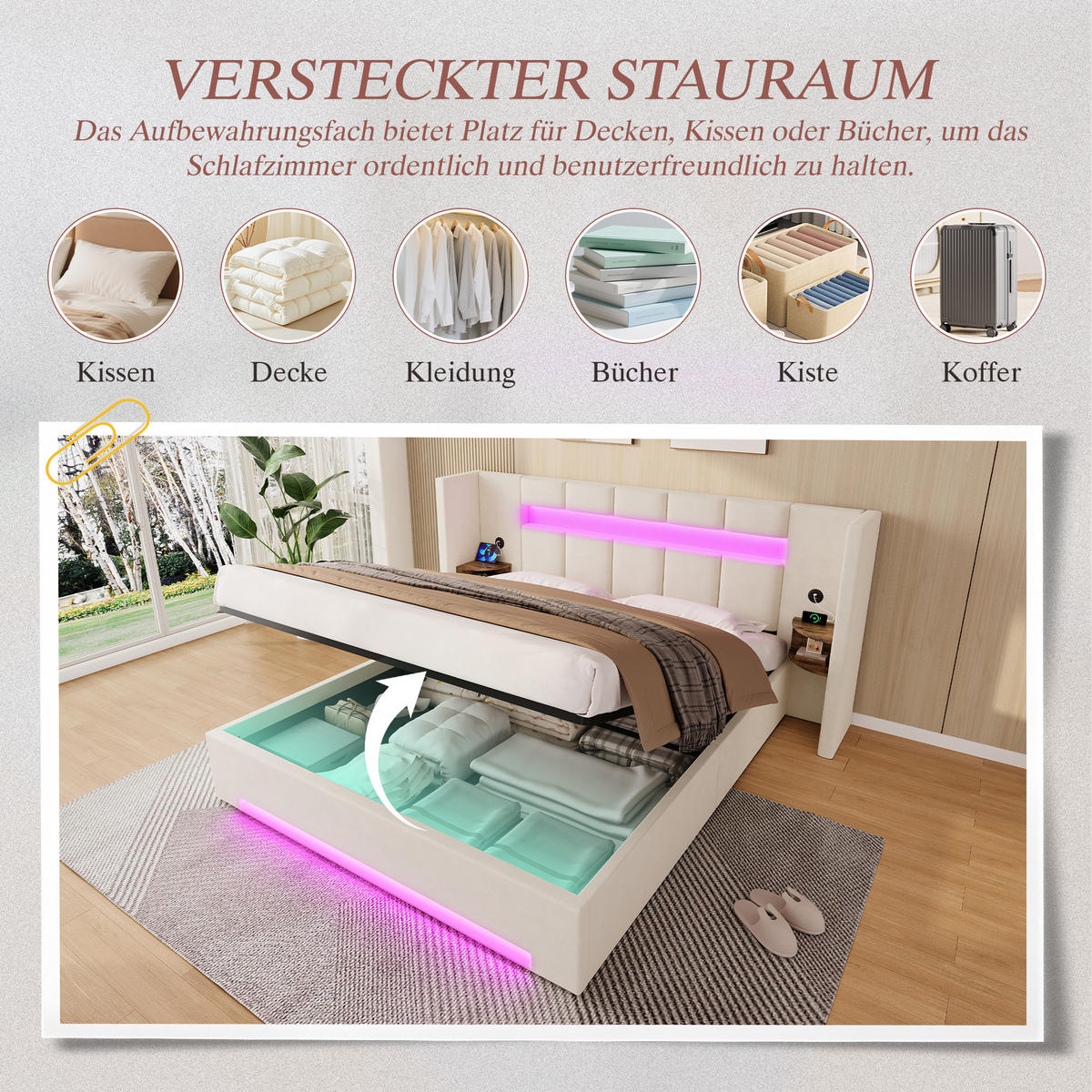 POLSTERBETT 160/200 cm Beige mit 2 USB und LED-Licht - Beige, Textil (160/200cm) - Oxeza