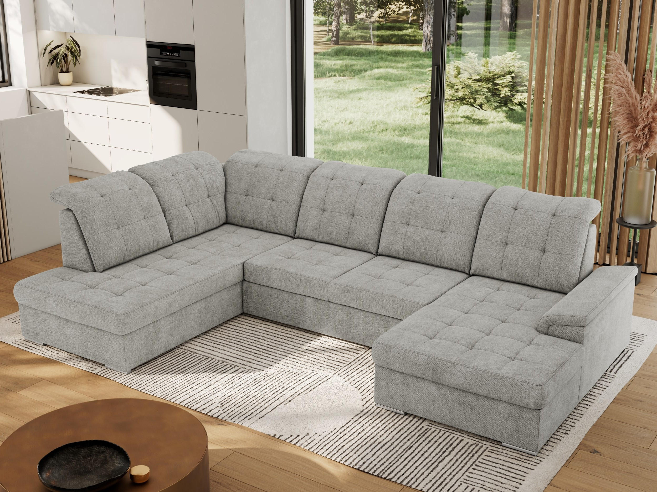 WOHNLANDSCHAFT MADRITO U - Hellgrau Struktur - Links - Silberfarben/Hellgrau, Textil/Metall (204/89/323cm) - MKS