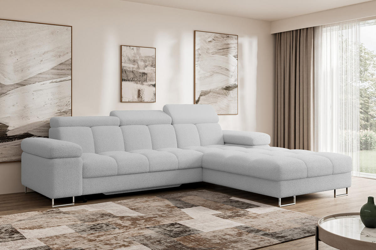 ECKSOFA mit Schlaffunktion Ottomane Rechts COMA L 271x203x79 Hellgrau Bouclé - Edelstahlfarben, Holzwerkstoff/Textil (203/271cm) - ALTDECOR
