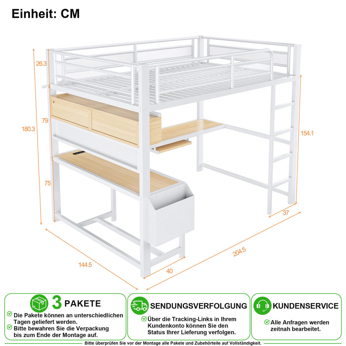 VYVÝŠENÁ POSTEL 140/200 cm v bílé barvě s psacím stolem, LED osvětlením a USB - bílá, kov/kompozitní dřevo (140/200cm) - CHICFURN
