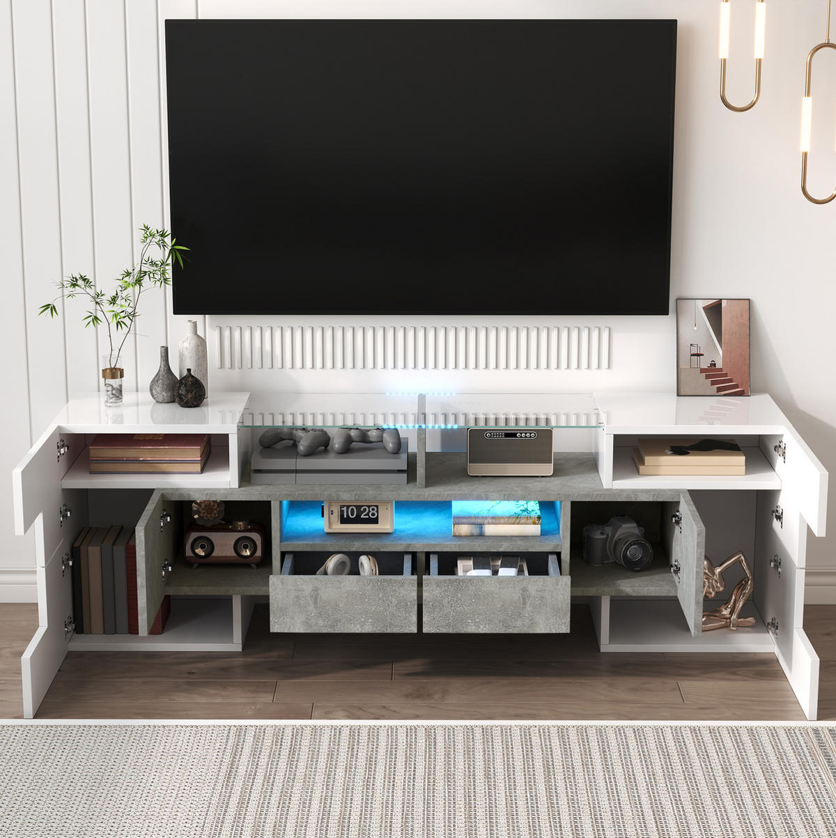 TV-SCHRANK in Hochglanz Weiß/Beton mit LED, 6 Türen und 2 Schubladen 145/30/51 cm - Weiß, Holzwerkstoff (145/51/30cm) - Redom