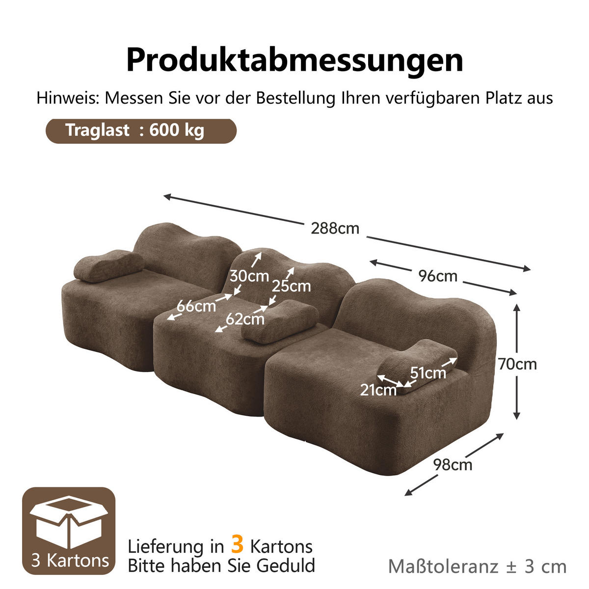 3-SITZER-SOFA DE-34348 mit Wellenform Braun - Braun, Textil (98/70/288cm) - ComfortXL