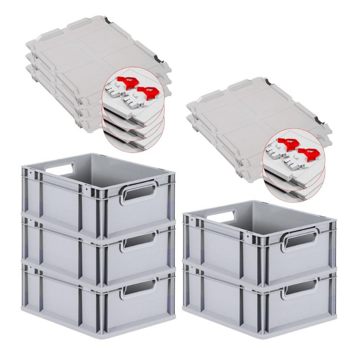 EUROBOX 5x Nextgen Economy Mit Scharnierdeckel Grau/Rot Griffe Offen 16 Liter - Rot, Kunststoff (30/17/40cm) - PROREGAL
