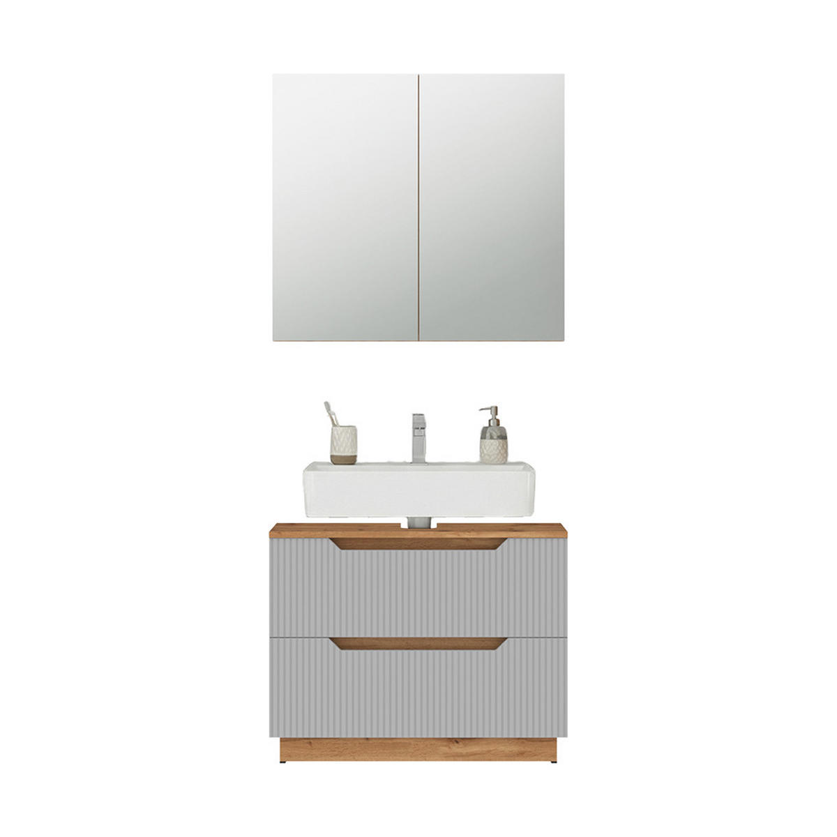 BADMÖBEL-SET Lotta Eiche/grau gestreift 2 Teile - Eichefarben/Grau, Holzwerkstoff (79.6/62.5/32cm) - Vicco