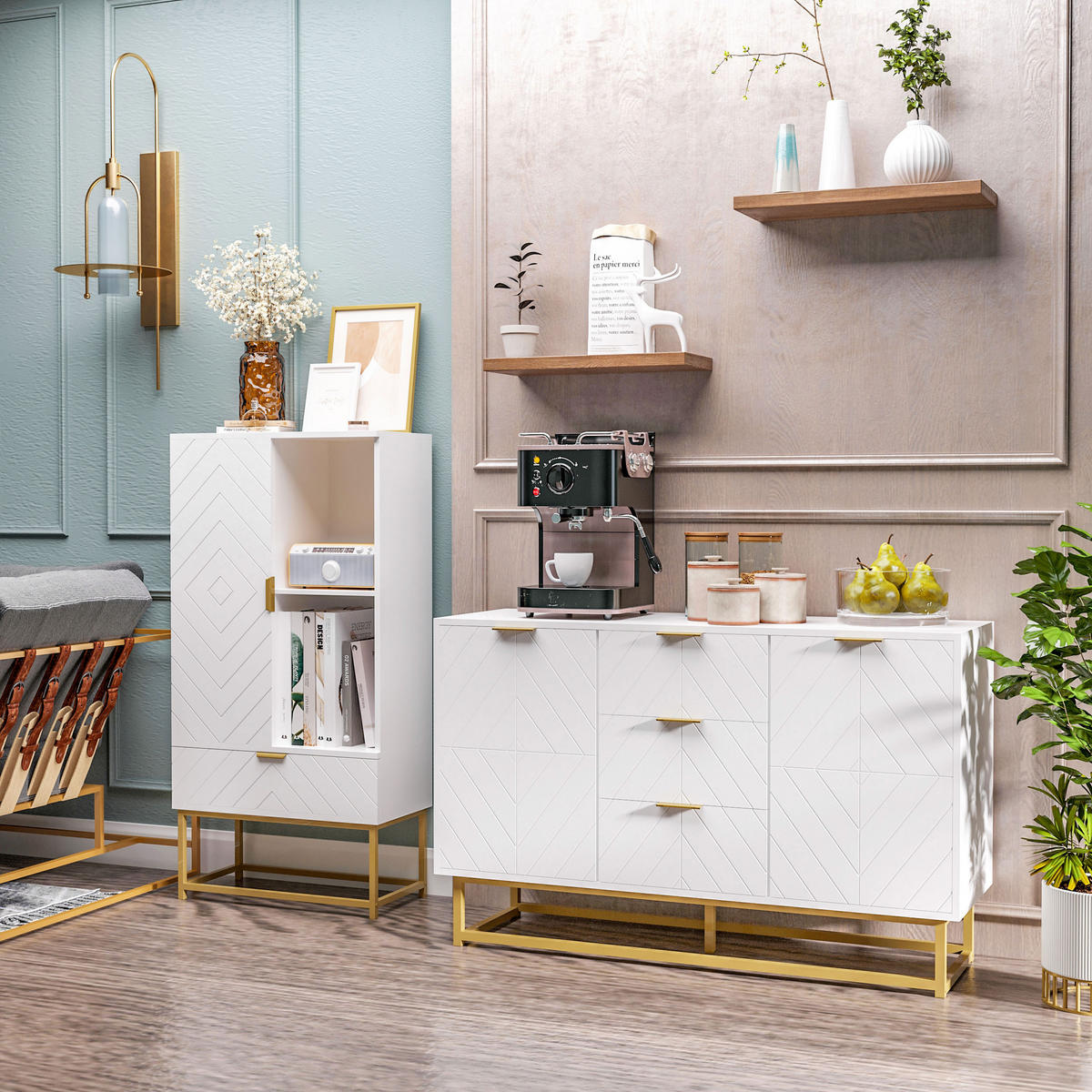 SIDEBOARD Weiß Goldfarben 120/40/76 cm - Weiß, Holz (120/76/40cm) - PANGIVO