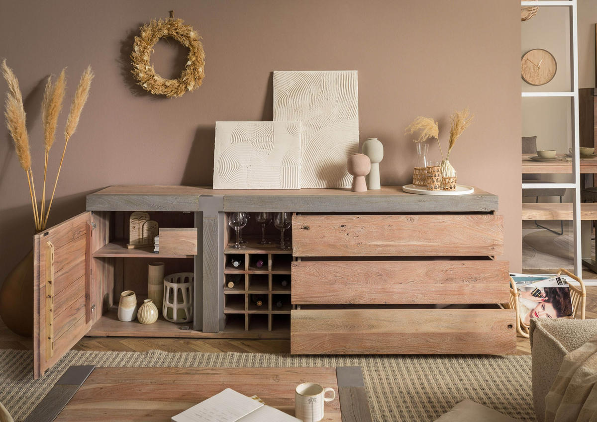 SIDEBOARD Akazie 215x45x75 beige lackiert Amsterdam #129 - Beige, Holz (215/75/45cm) - Massivmoebel24