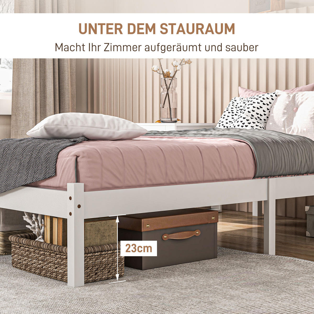 BETTRAHMEN mit Lattenrost, 208 x 96 cm, Kopfteil, Einzelbettgestell, Weiß - Weiß, Holz - HOMCOM