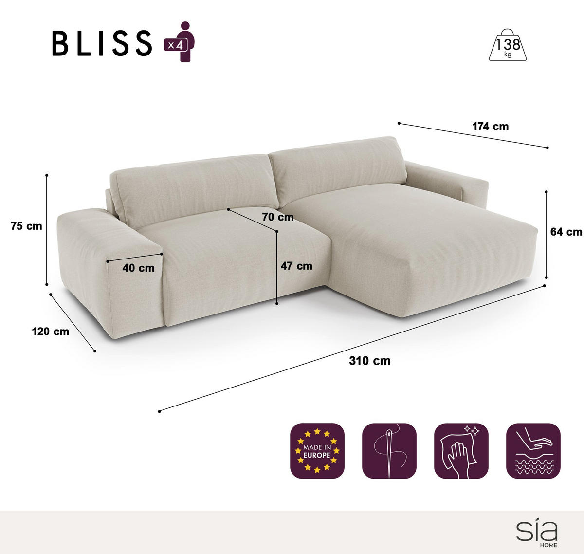 ECKSOFA RECHTS Gerippter Samt Anthrazitgrau 310cm - Dunkelgrau/Anthrazit, Textil (310/174cm) - Sia Home