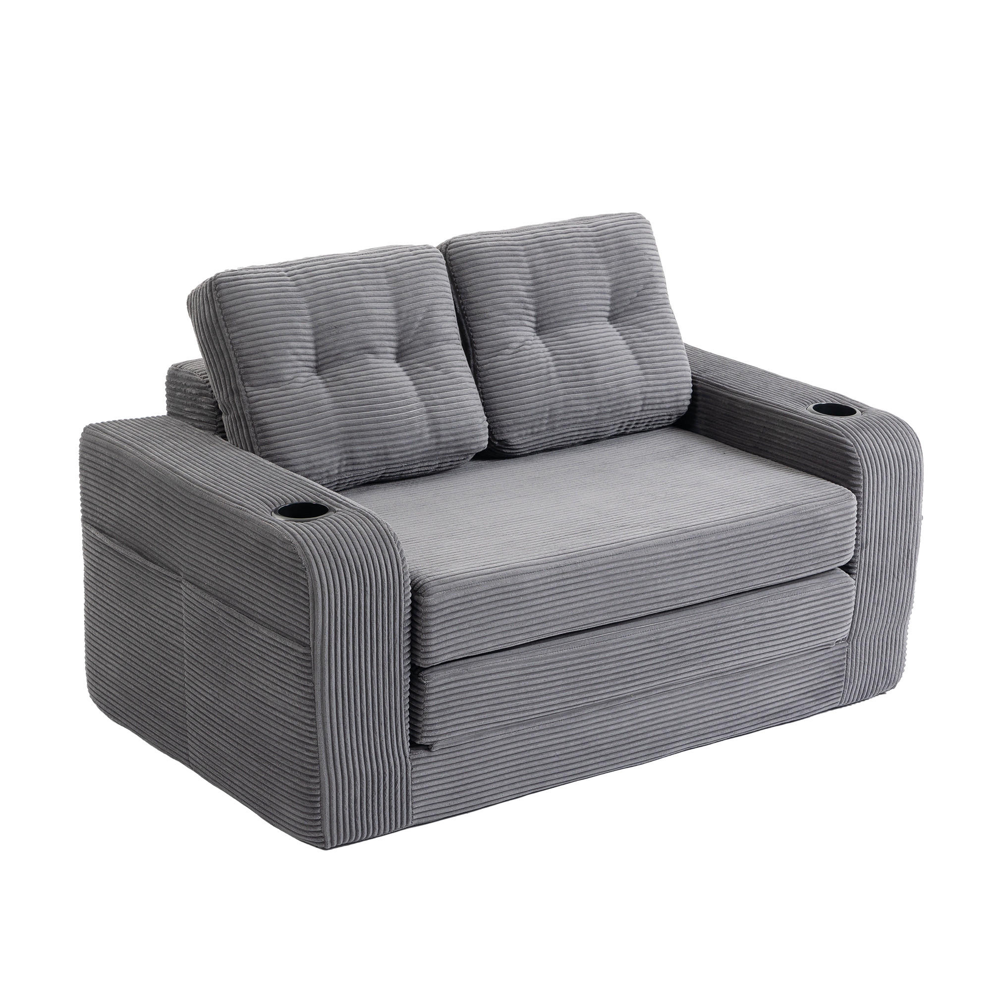 2-SITZER SOFA Cord Grau mit Getränkehaltern und Seitentaschen - Grau, Textil (136/82.5/80cm) - WISHDOR