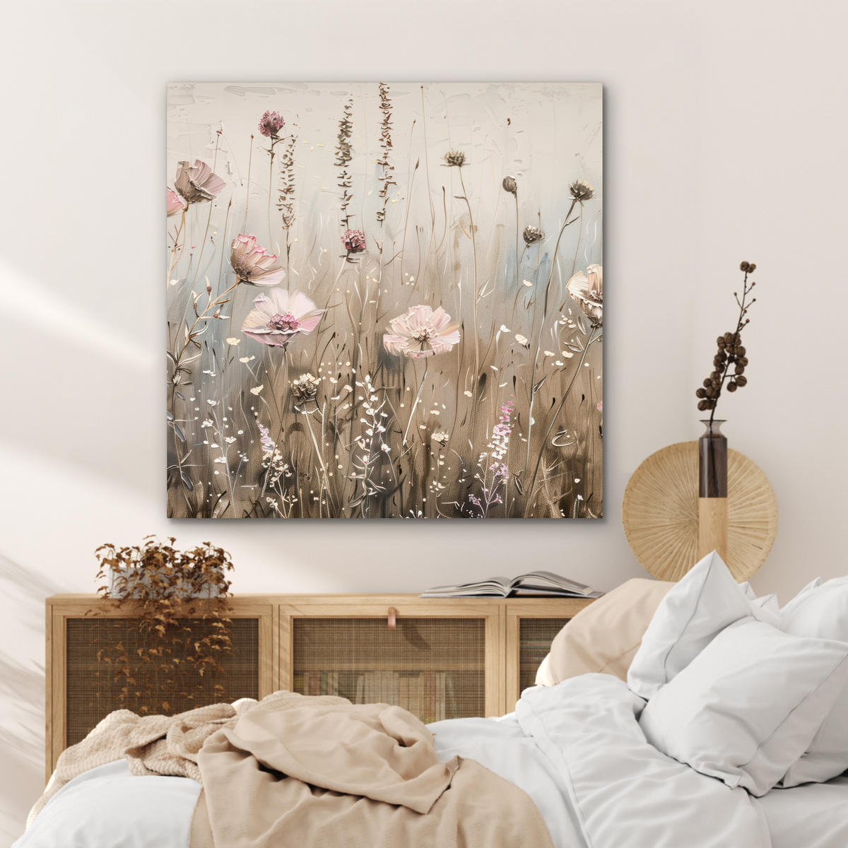 KOVOVÝ OBRAZ Kvety - Ružová - Moderné - Béžová 90x90 cm - béžová, kov (90/90cm) - MuchoWow