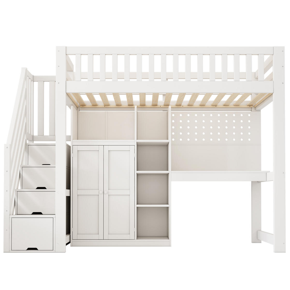 HOCHBETT 90/200 cm aus Holz mit Schreibtisch, Leiterschrank, Kleiderschrank und USB/Typ-C, Weiß - Weiß, Holzwerkstoff (90/200cm) - Redom