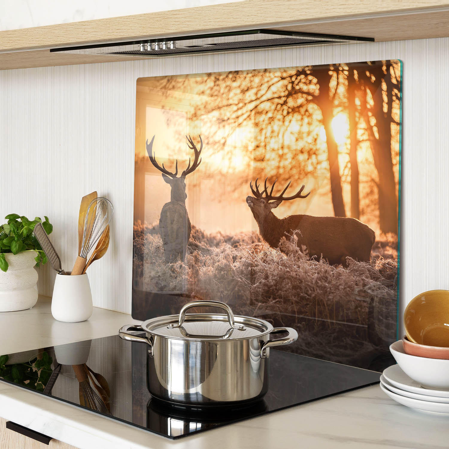 GLASPLATTE 60x52 cm Sonnenaufgang über dem Hirsch - Schwarz Hochglanz/Grau, Glas (60/0.4/52cm) - TULUP
