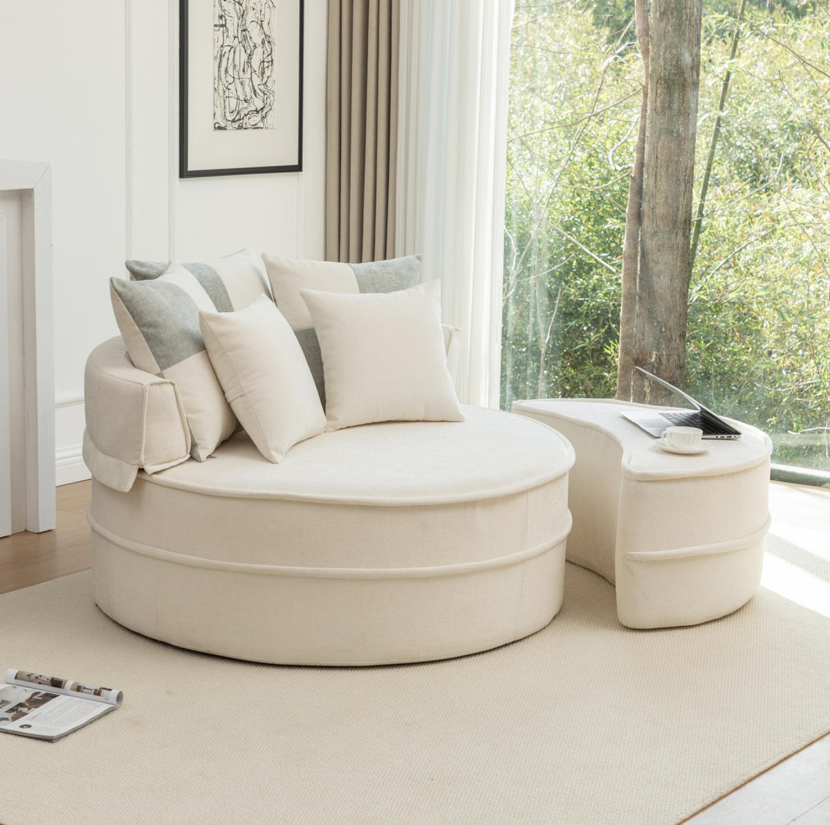 LOUNGESESSEL aus Schaumstoff 107x121 cm Beige mit Ottomane, 5 Kissen und montagefreiem Komfort - Beige, Kunststoff (163/66/121cm) - Modfu