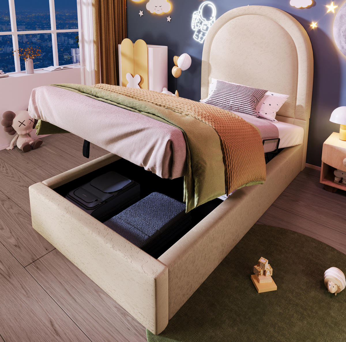 KINDERBETT Polsterbett 90/200 cm aus PU mit Stauraum und hydraulischem Lattenrost Beige - Beige, Kunststoff (90/200cm) - Modenvie