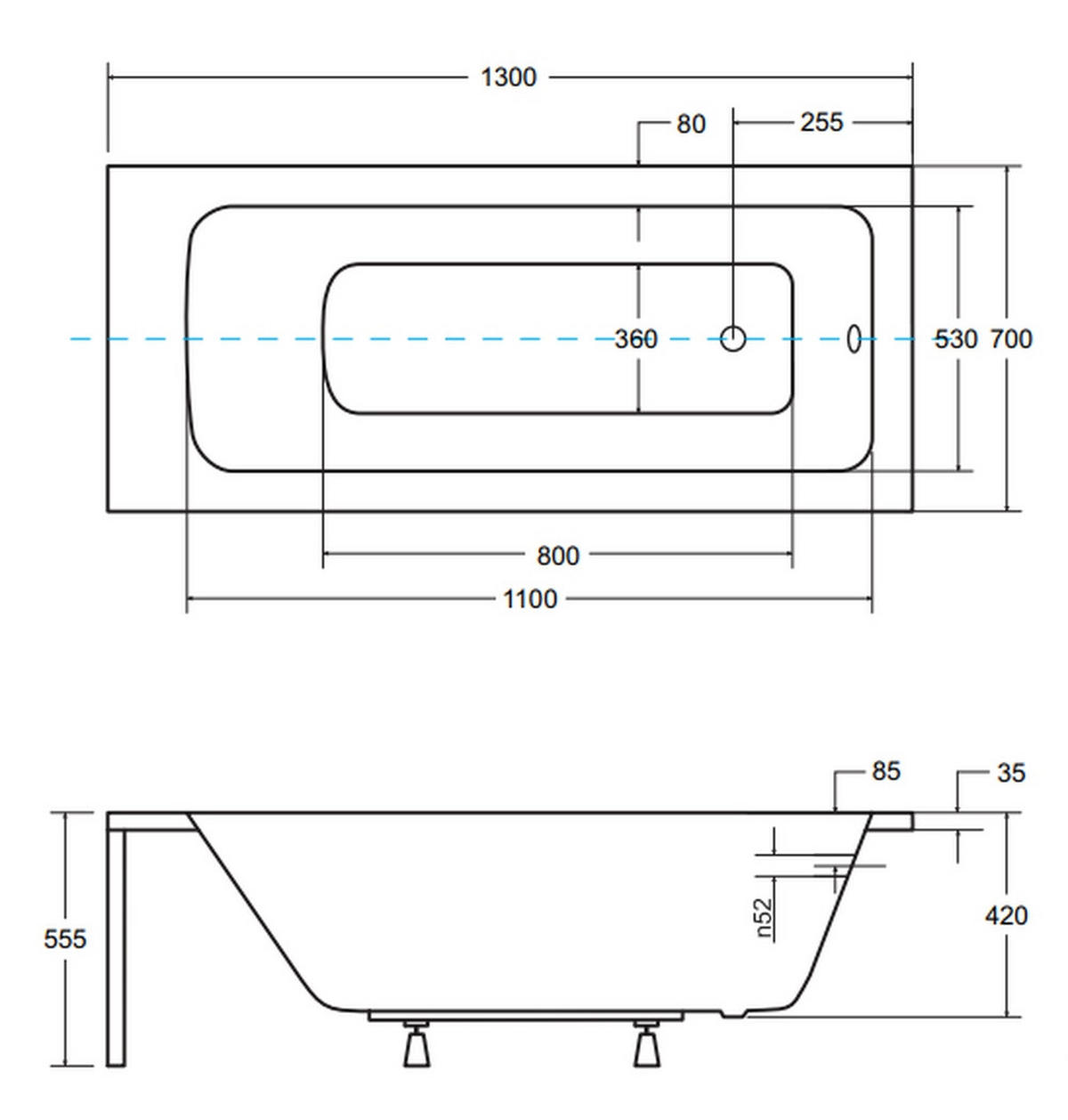 BADEWANNE Rechteck TALIA 130/70 + Träger + Kopfstütze Ablauf Füße - Weiß, Kunststoff (70/55.5/130cm) - bad land