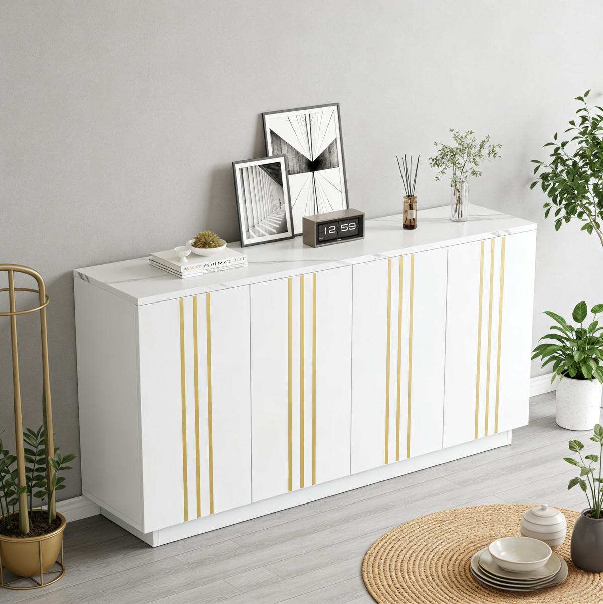 SIDEBOARD 140/35/70 cm weiß-gold aus Spanplatte mit 4 Türen - Weiß, Holzwerkstoff (140/70/35cm) - OKWISH