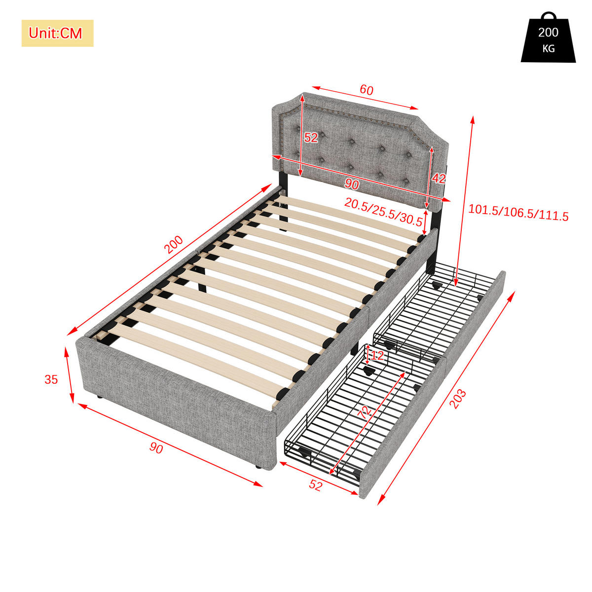 POLSTERBETT 90/200 cm grau mit Aufbewahrung und verstellbarem Nachttisch - Grau, Textil (90/200cm) - OKWISH