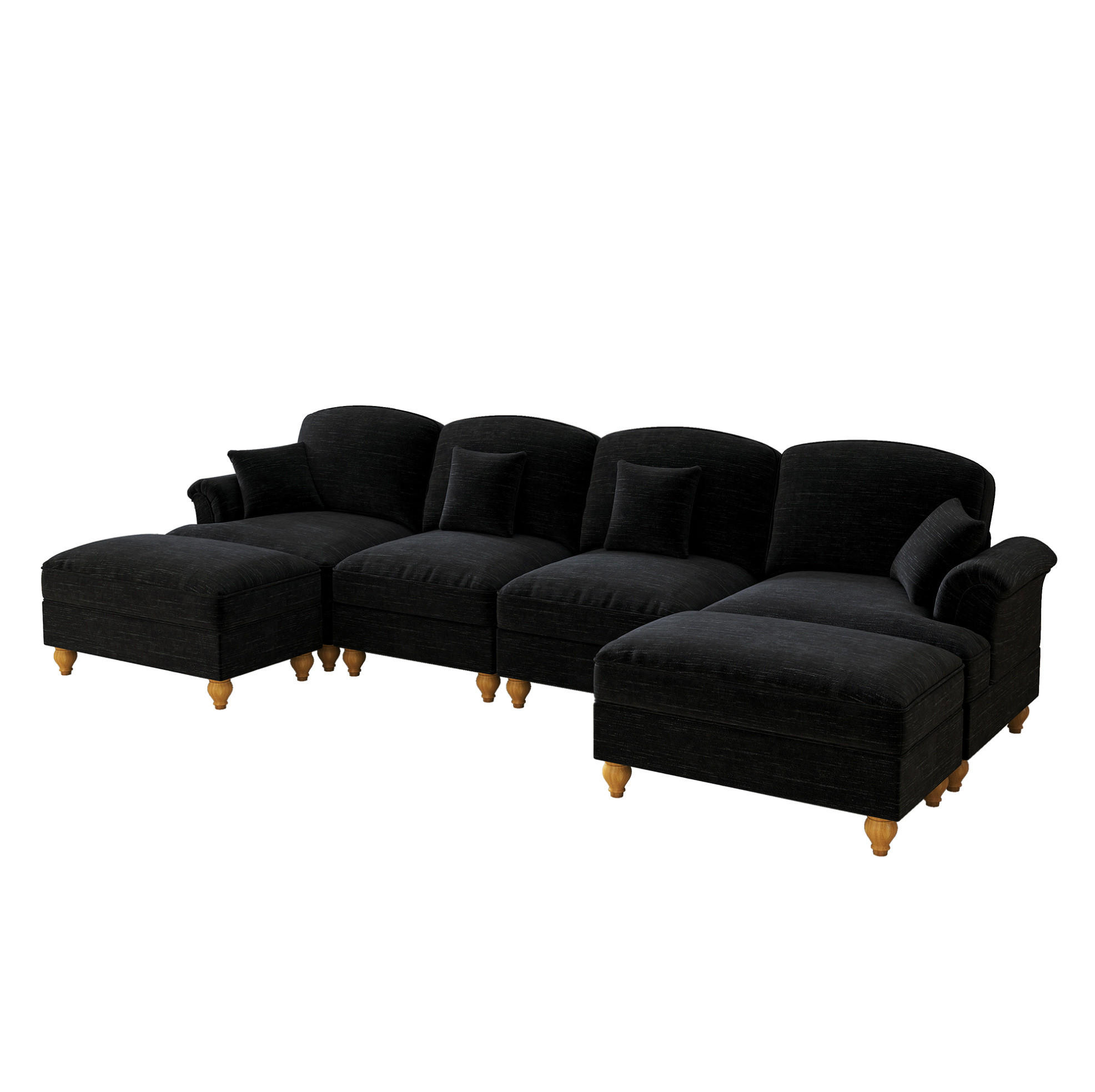 ECKSOFA 350/140/93 cm schwarz aus Chenille mit abnehmbarem Volant und beweglichem Hocker - Schwarz, Textil (140/350cm) - OKWISH