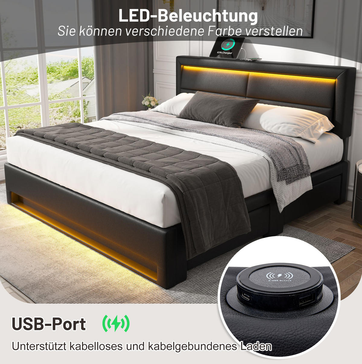ČALÚNENÁ posteľ, 140/190 cm, PU čierna, LED osvetlenie, USB nabíjanie a 4 zásuvky - čierna, plast (140/190cm) - BEAOK