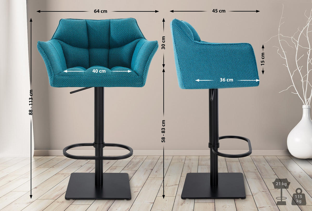 BARHOCKER 2er Set Stoff Türkis - Türkis/Schwarz, Textil/Metall (64/88/45cm) - CLP