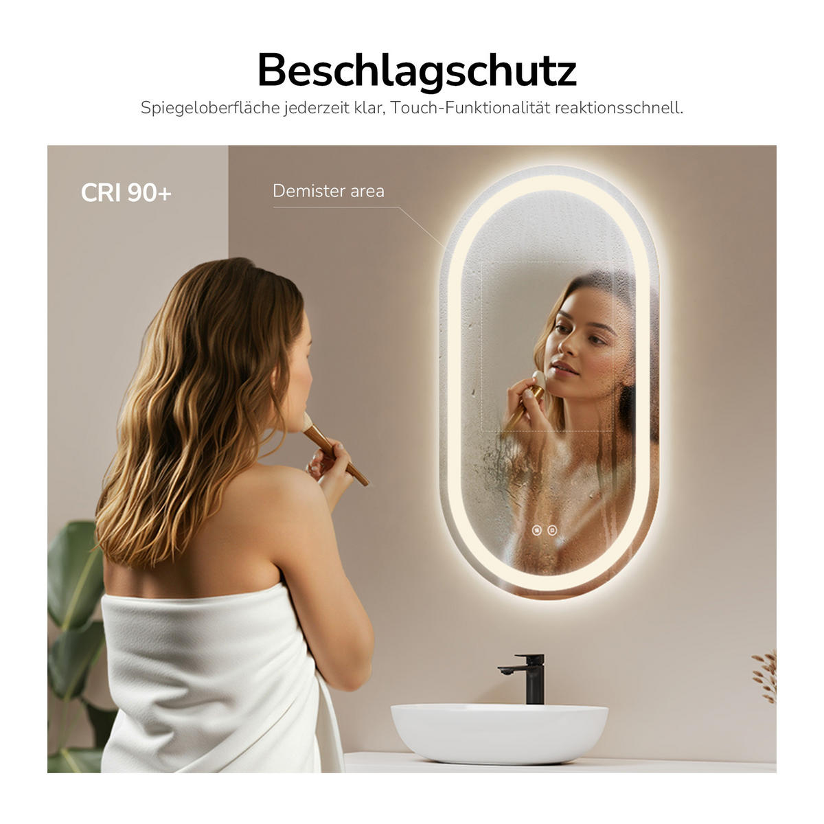 BADSPIEGEL mit Beleuchtung in Laufbahnform 90/50 cm - Transparent, Glas (90/50/3cm) - EMKE