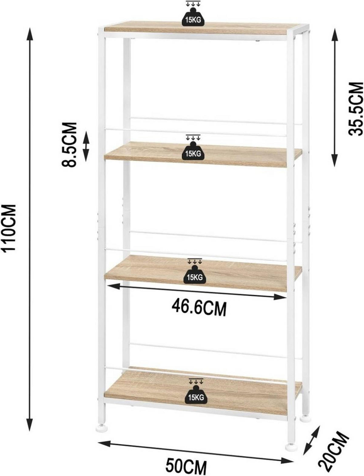 STANDREGAL mit 4 Ebene, 50x110x20cm, Helle Eiche+Weiß - Eichefarben/Weiß, Holzwerkstoff/Metall (50/110/20cm) - Woltu