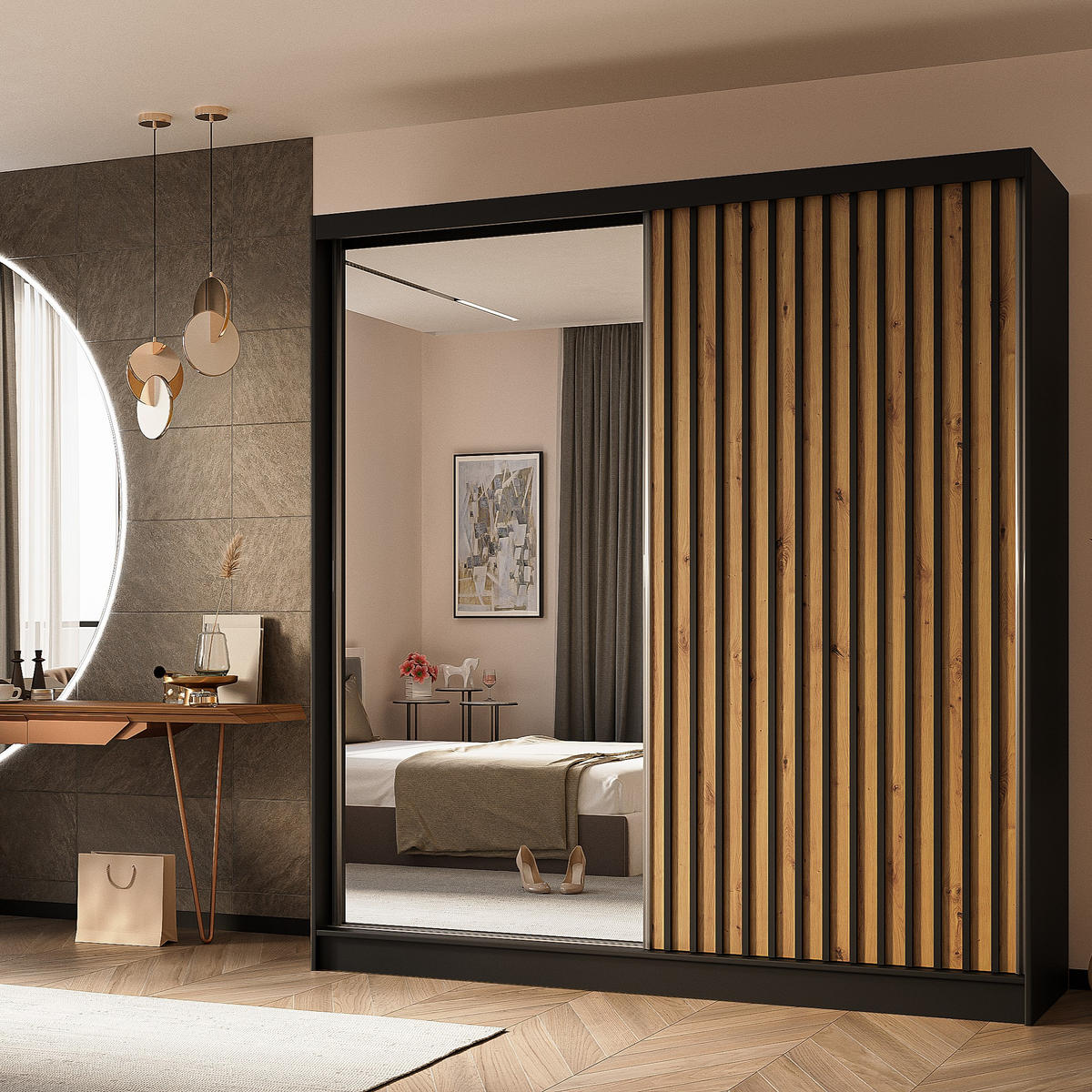 SCHWEBETÜRENSCHRANK LAMELLO 200/216/61 cm 2-türig mit Spiegel Schwarz - Schwarz/Eiche Artisan, Holzwerkstoff (200/216/61cm) - MASSENO