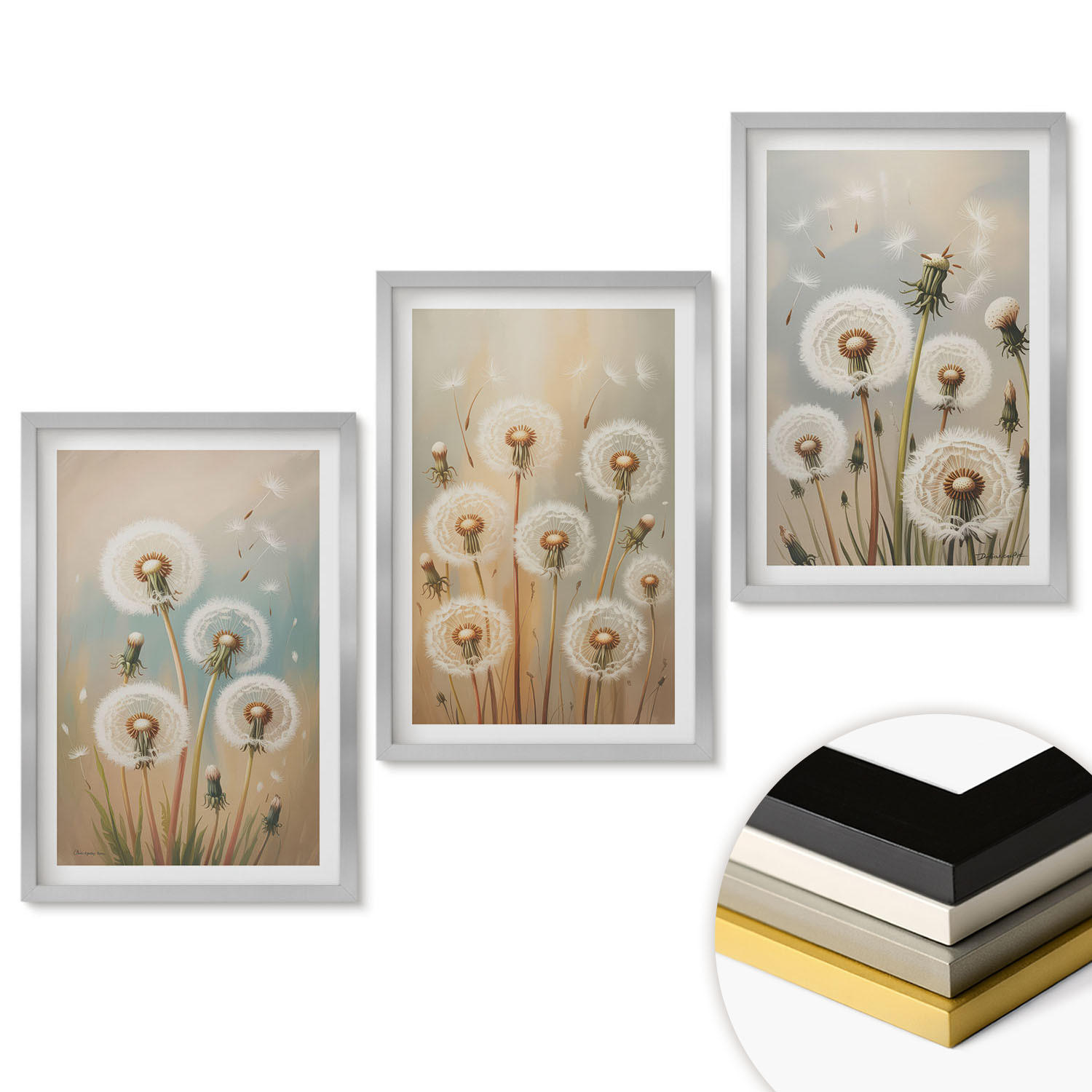 WANDBILDER 3er Set - 40x60 cm Silberner Rahmen - Pastellfarbene Löwenzahnblüten - Silberfarben, Kunststoff (40/60cm) - ArtPrintCave