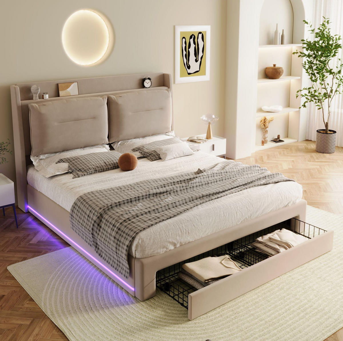 POLSTERBETT 180/200 cm Beige mit hydraulischem Bettkasten und LED-Beleuchtung - Beige, Textil (180/200cm) - OKWISH